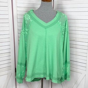 POL Lace Cutouts Oversized Waffle Knit V Neck‎ Shirt Green Medium Cottagecore